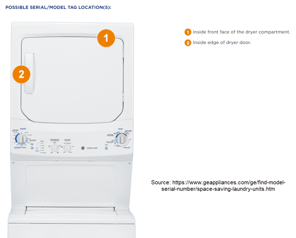 Location of GE Space Saver Laundry Center Units Model and Serial Numbers